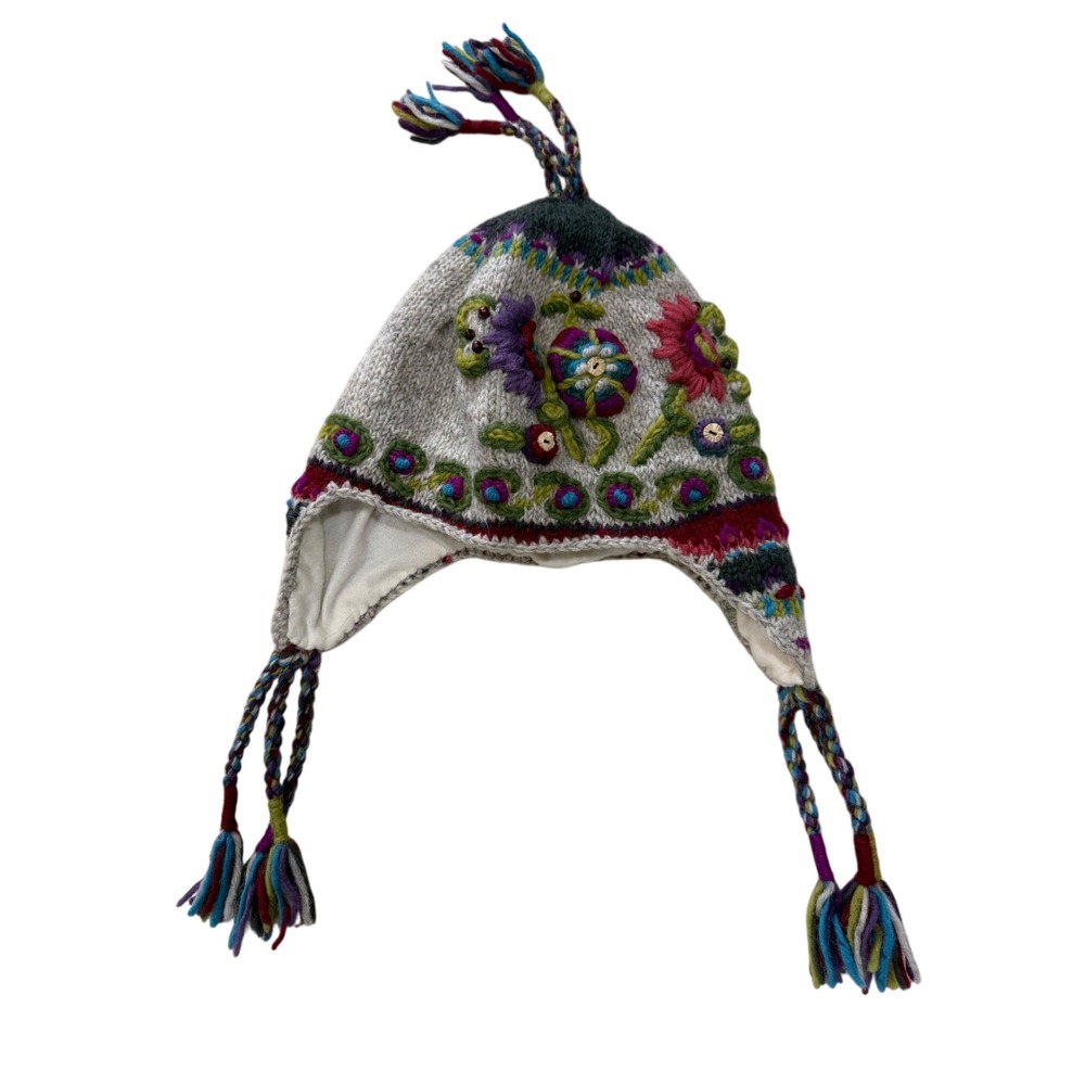 Newari Icelandic Design Nepal 100% Wool Fleece Lined Earflap Beanie Hat Handknit